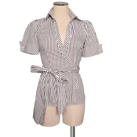 DVF Diane Von Furstenberg Brown Striped Cotton Wrap Blouse Top 4 - Picture 1 of 1